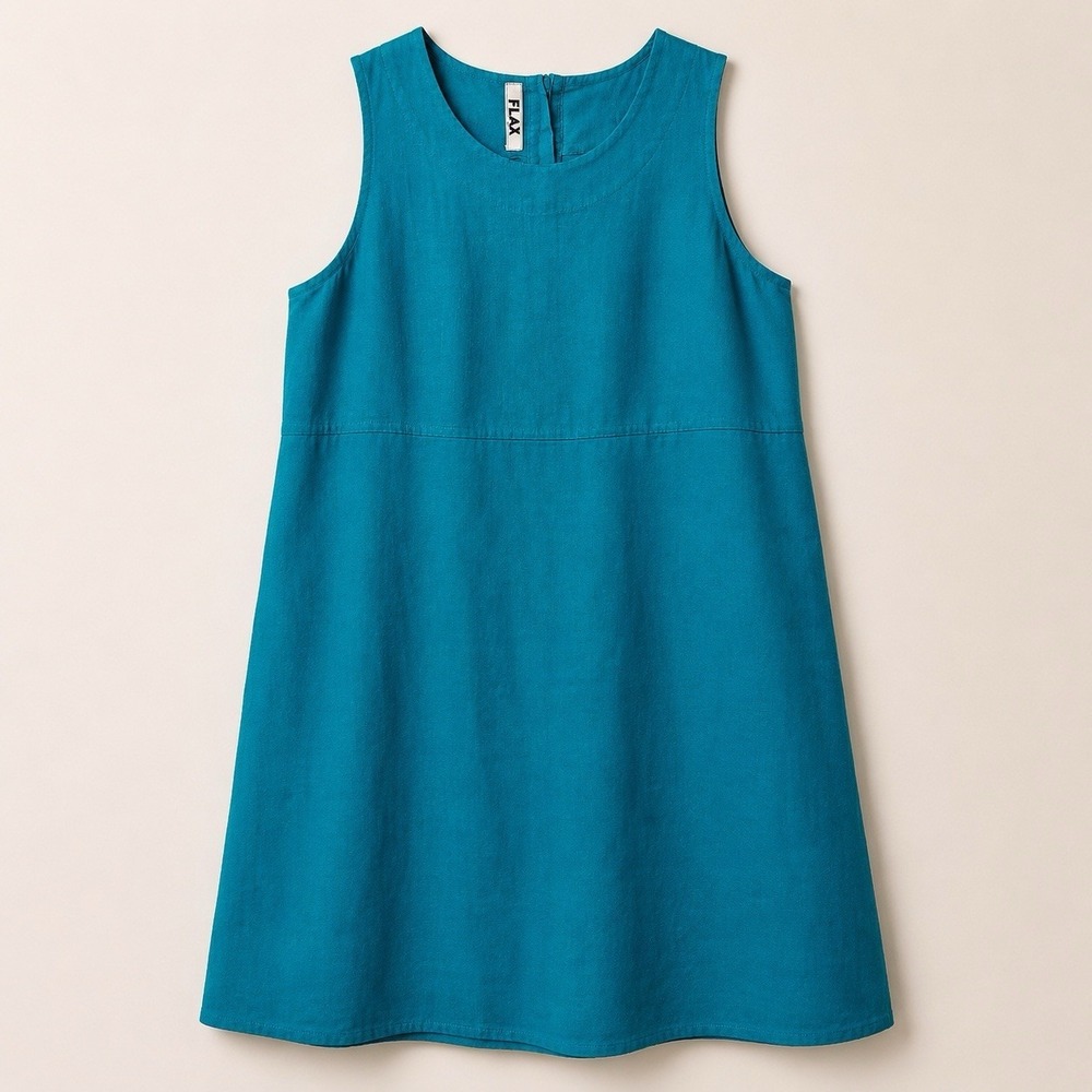 Flax Linen Shift Dress Sz M Teal Blue Sleeveless Back Buttons Lagenlook Boho